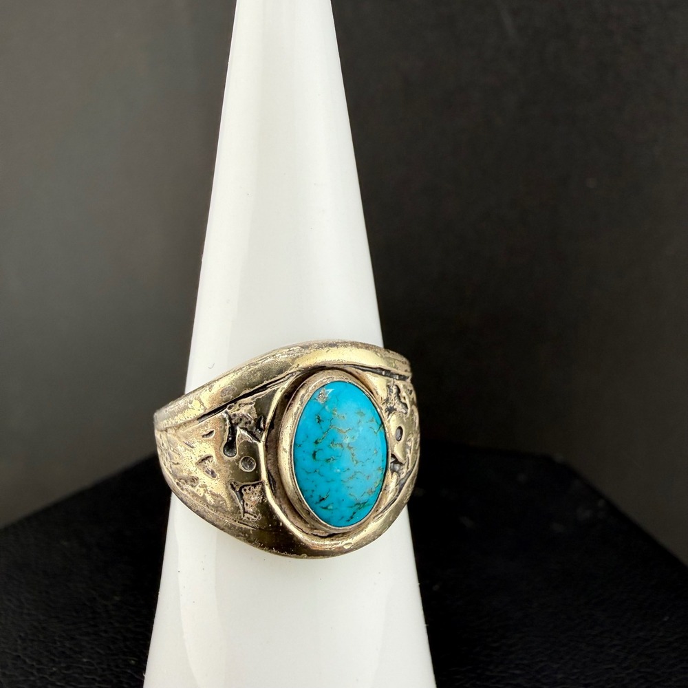 Vintage Signed Sterling Silver Ring Turquoise Blue Southwestern Thunderbird 6.25